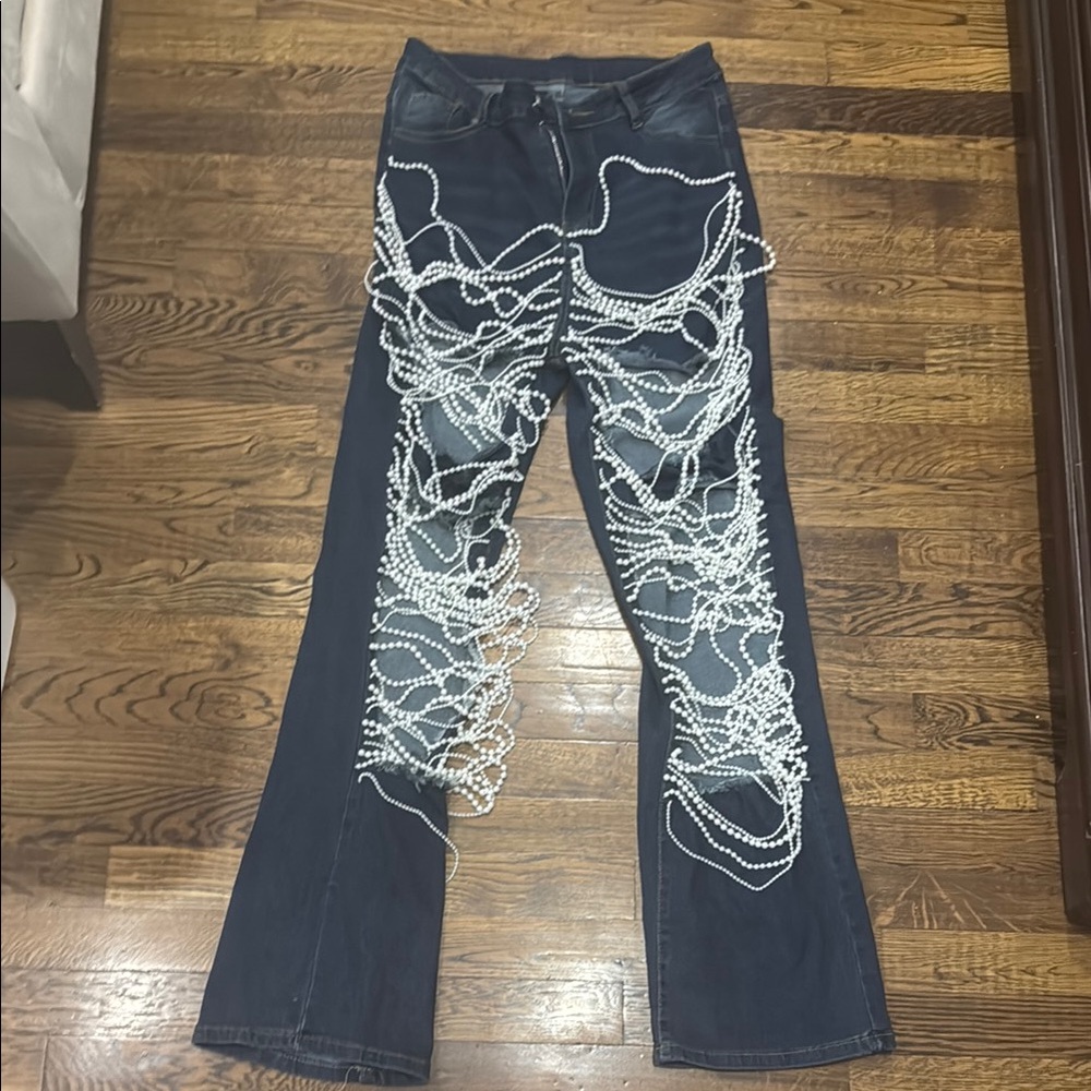 Women's Blue Jeans with White Pearl Bead Detailing large
